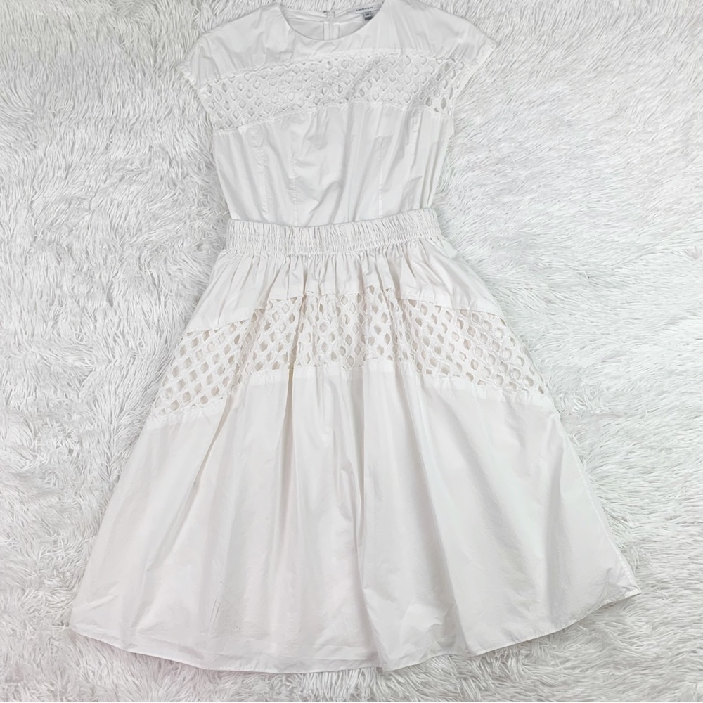 Carven sleeveless eyelet dress in white elastic waist fit and flare‎ crew neck